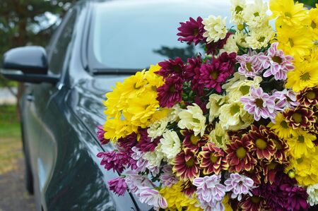 bouquet of color chrysanthemums on the black carの写真素材