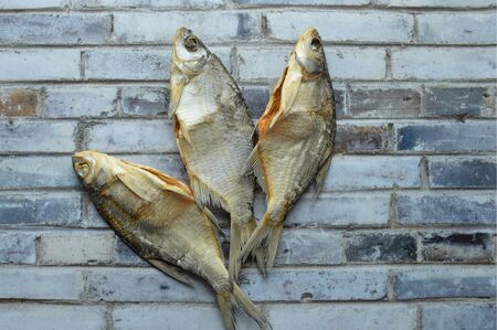 Dried salted fish vobla on a gray background. Three pieces. Beer Russian snack. Top view.の写真素材