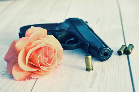 Romantic background with arms and flowers. Thriller about loveの写真素材