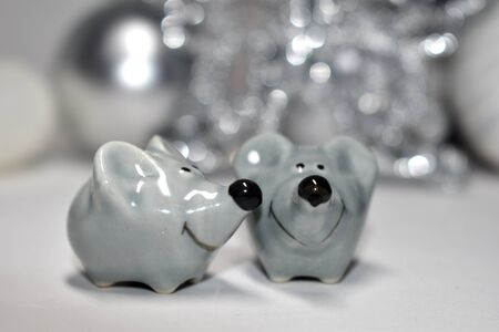 Interior figures toys mice. New Year card with mice. Symbol of 2020.