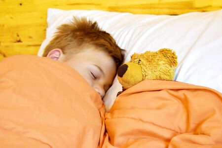 Boy sleeps with a Teddy bear. Children's healthy sleep.の写真素材