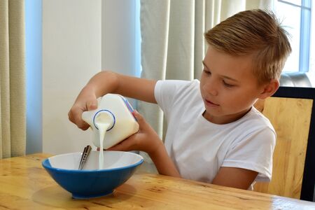 Boy eating cornflakes with milk. A healthy children's breakfast.の写真素材