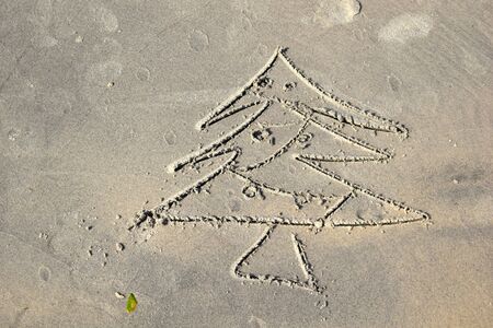 New year in the tropics. Christmas tree on the sand. Painted tree on the beach. New year holidays in a hot country.の写真素材