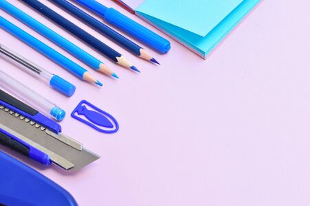Blue school supplies. Home schooling. Office Desk