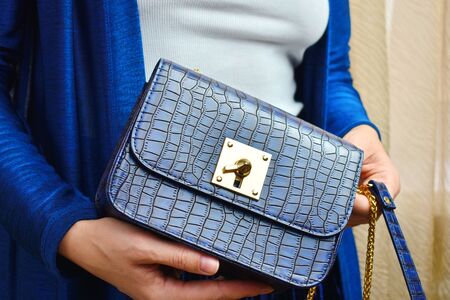 Little women's blue bag. fashion lady with a handbag in the window
