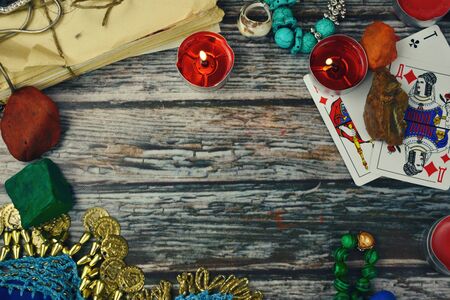 Occult wooden  with objects of magicの写真素材