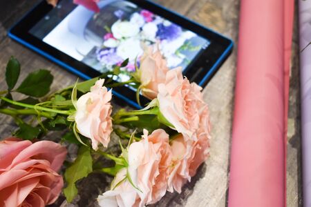 Flower shop. Ordering flowers and bouquets. floral accessoriesの写真素材