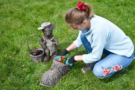 Bitter garden plants. Woman to grow beautiful flowers in the garden