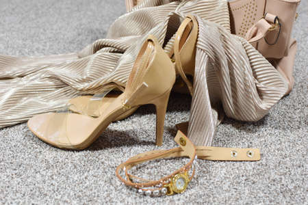 cream color shoes and bag. beige women's clothing accessories. pick clothes by color