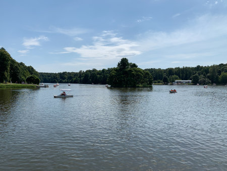 picturesque natural park with water. lake in the national natural park. resting place in the forestの写真素材