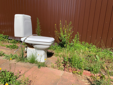 broken white toilet bowl in the yard. toilet outsideの写真素材