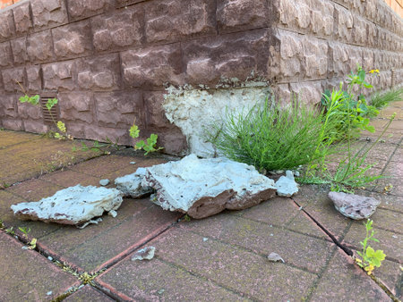broken plinth of the building outside. fragments of exterior tiles. poor quality buildingの写真素材