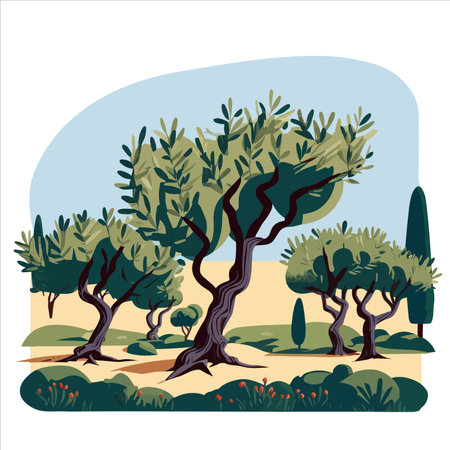 Olive trees in the park. Vector illustration in flat style.のイラスト素材