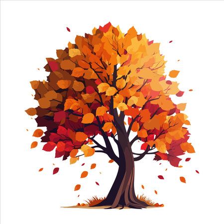Vector illustration of autumn trees, trees with leaves in orange tones with falling leaves on a white backgroundのイラスト素材