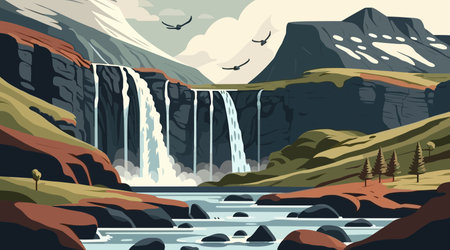 Waterfall in the mountains. Vector illustration in a flat style.のイラスト素材