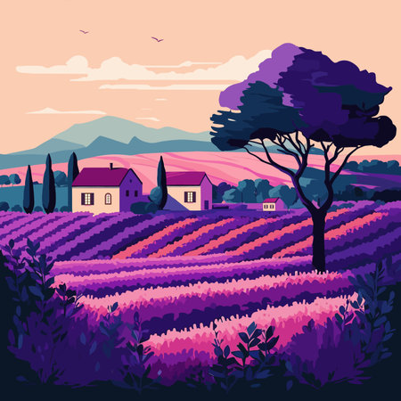 The landscape of lavender fields in Tuscany. vector illustrationのイラスト素材