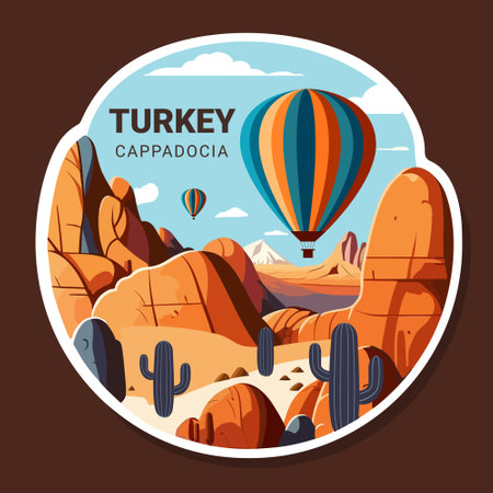 Hot air balloons over Cappadocia rocks landscape. Adventure travel in Turkey concept vector illustration.のイラスト素材