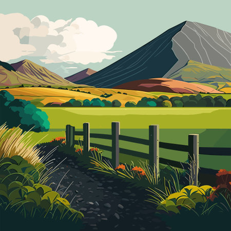 Ireland. Beautiful Irish countryside with emerald green fields and meadows.Vector illustration in flat styleのイラスト素材