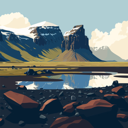 Mountain landscape with lake and reflection in the water. vector illustration.のイラスト素材