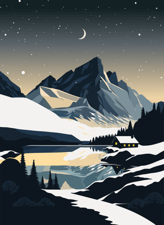 Mountains and lake at night. Vector illustration in flat style.のイラスト素材