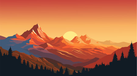 Mountain landscape at sunset. Vector illustration in a flat style.のイラスト素材