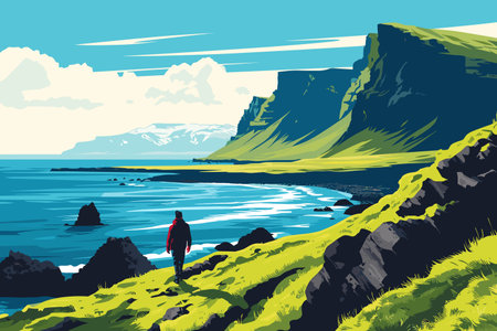 Man walking along the coast of the Faroe Islands. Vector illustrationのイラスト素材