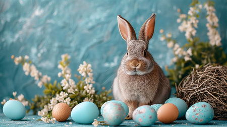 Easter bunny and easter eggs on rustic blue background.