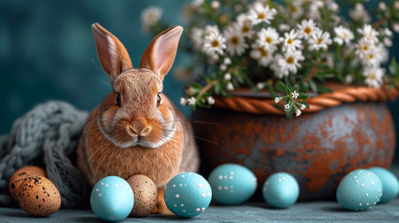 Easter bunny with eggs and chamomile flowers on blue background