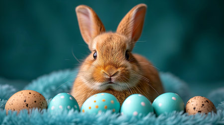 Easter bunny and eggs on a blue background. Happy Easter.