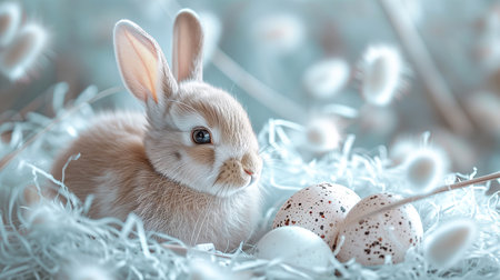 Easter bunny and easter eggs in a nest on a light background