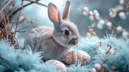 Easter bunny and easter eggs on blue background. Holiday concept.