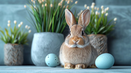 Cute Easter bunny with dyed eggs on blue background, closeup