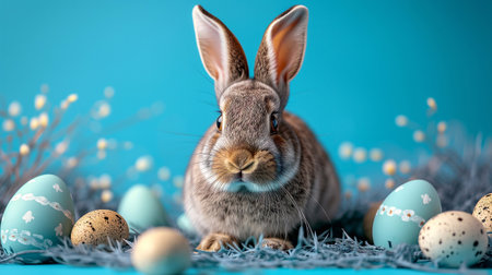 Easter bunny and easter eggs on blue background. 3d rendering