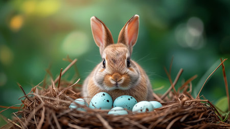 Easter bunny with eggs in nest on green background. Easter holiday concept