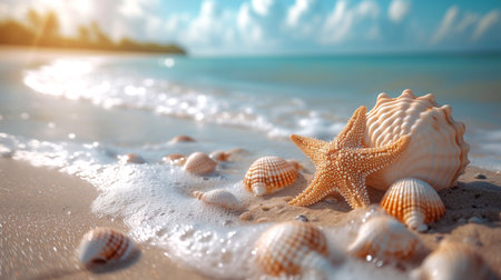 Starfish and seashells on the beach. Summer vacation concept