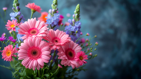 Bouquet of pink gerbera flowers on a blue backgroundの素材