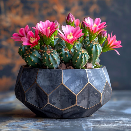 Cactus with pink flowers in pot on dark rustic background.の素材