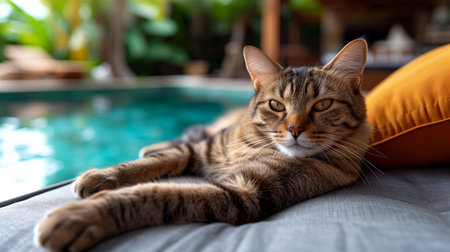 A cute tabby cat lying on the edge of a swimming poolの素材
