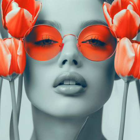 Fashion portrait of a beautiful young woman in red sunglasses with tulips.の素材