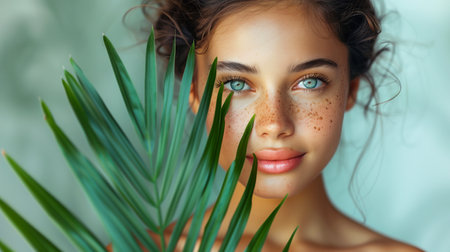 Close-up portrait of beautiful young woman with green palm leaf on her faceの素材