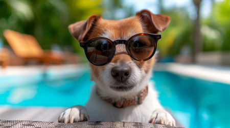 Jack russell terrier dog wearing sunglasses on swimming pool backgroundの素材