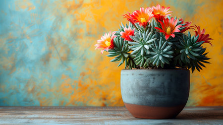 Cactus in vase on wooden table and color wall background.の素材
