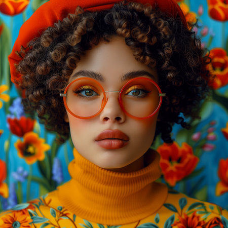 Portrait of a beautiful young African American woman with an afro hairstyle in orange glasses.の素材
