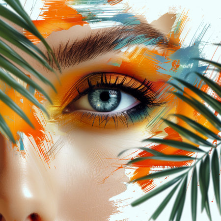 Woman's eye with palm leaves and abstract background. 3d illustrationの素材