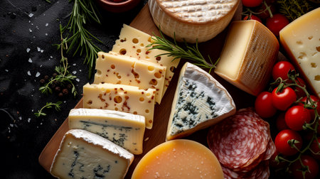 Various types of cheese with rosemary, tomatoes and olives on black background. Top view.の素材
