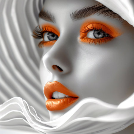 Beautiful young woman with orange lips and white veil. 3d renderingの素材