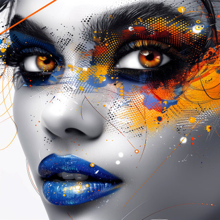 Close-up portrait of a beautiful woman with multicolored makeupの素材