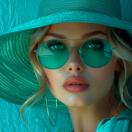 Fashion portrait of a beautiful young woman in green hat and sunglasses.の素材