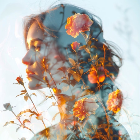 Double exposure portrait of a beautiful young woman with flowers in her hairの素材
