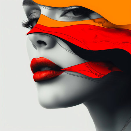 Beautiful woman with red lips and creative make-up on white backgroundの素材